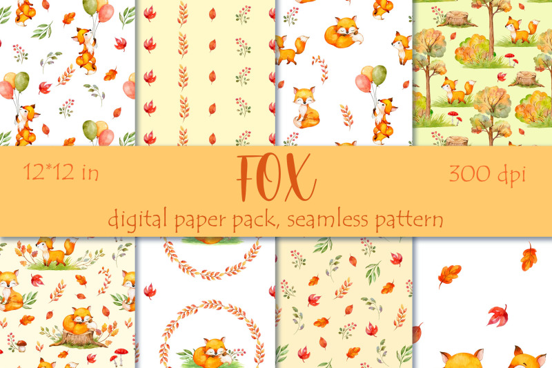 watercolor-fox-fall-seamless-pattern-animals-paper-pack