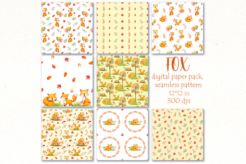 watercolor-fox-fall-seamless-pattern-animals-paper-pack