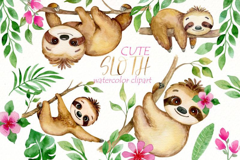 cute-sloth-tropical-clipart-bundle-watercolor-baby-animal