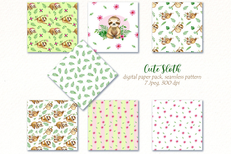 sloth-digital-paper-watercolor-cute-animal-digital-papers