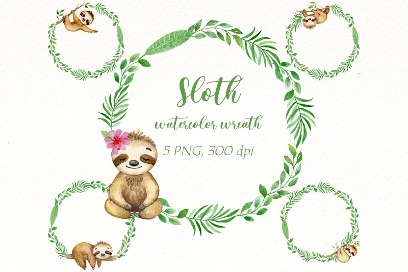 sloth-watercolor-wreath-clipart-cute-animal-png-clip-art