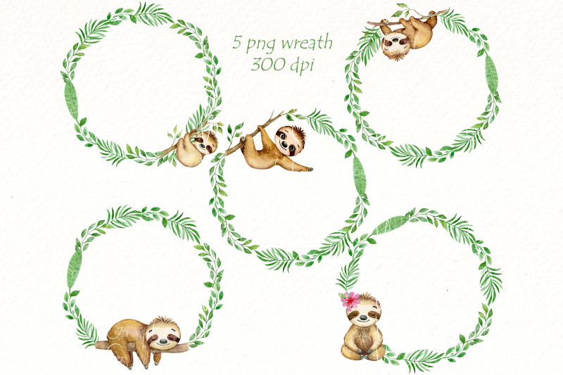 sloth-watercolor-wreath-clipart-cute-animal-png-clip-art