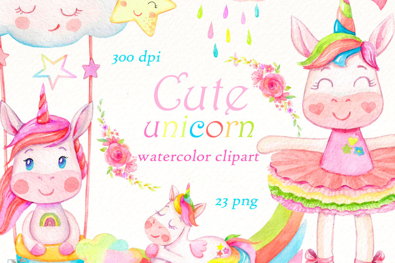 unicorn-clipart-bundle-watercolor-illustration-cute-animal-png