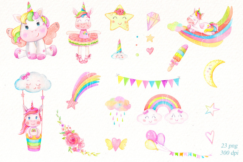 unicorn-clipart-bundle-watercolor-illustration-cute-animal-png