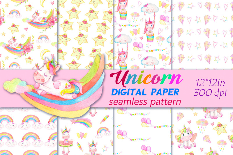 watercolor-unicorn-seamless-pattern-bundle-animal-paper