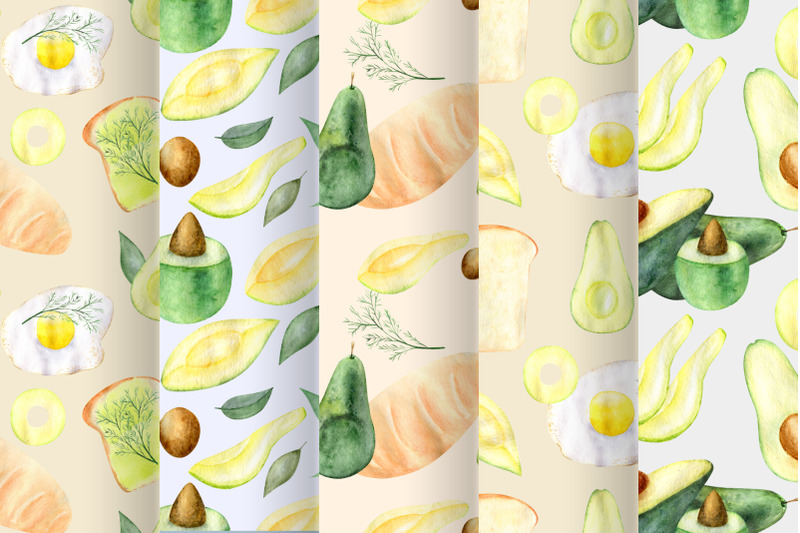 avocado-breakfast-watercolor-seamless-patterns