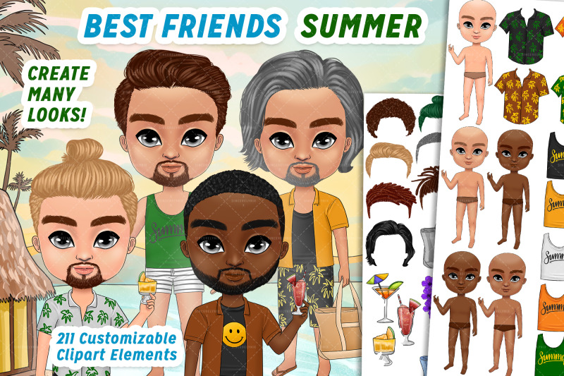 best-friends-chibi-clipart-summer-customizable-cute-fashion-men-af