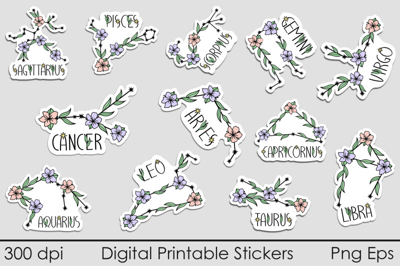 floral-zodiac-printables-stickers-bundle-flowers-horoscope-png
