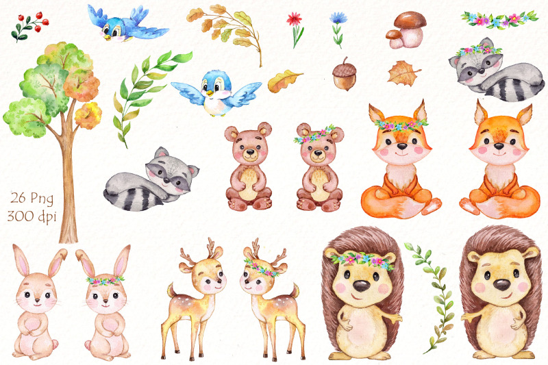 watercolor-woodland-clipart-bundle-forest-animals-png-clip-art