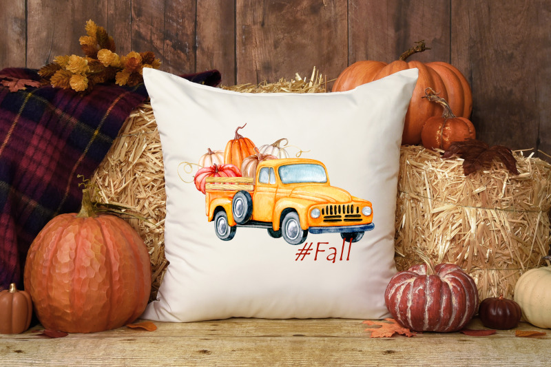 hurvest-truck-watercolor-clipart-bundle-pumpkin-png-clipart