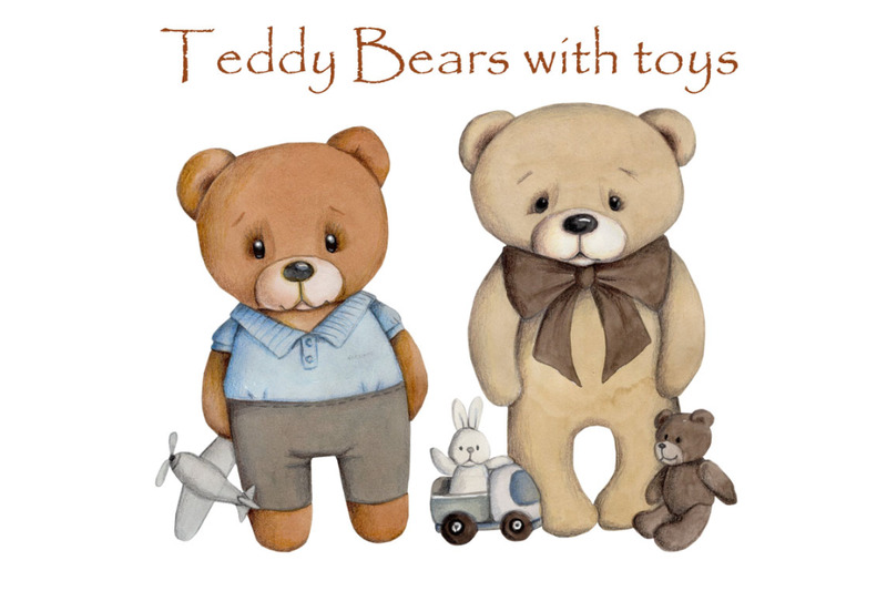 cute-cartoon-teddy-bears-with-toys-watercolor-hand-drawn-illustration