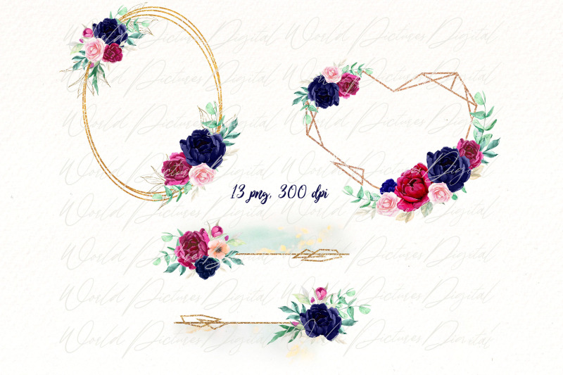 burgundy-and-blue-flowers-bundle-watercolor-floral-frame-wreath-png