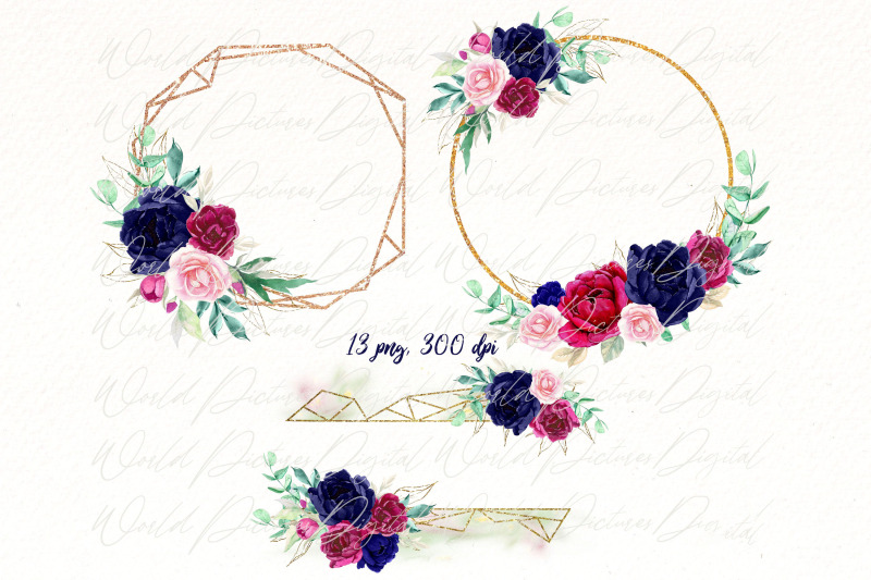 burgundy-and-blue-flowers-bundle-watercolor-floral-frame-wreath-png