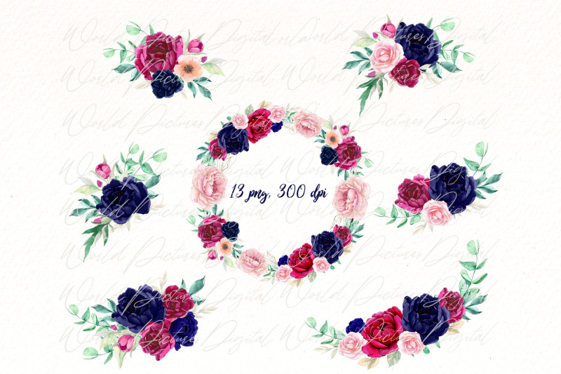 burgundy-and-blue-flowers-bundle-watercolor-floral-frame-wreath-png