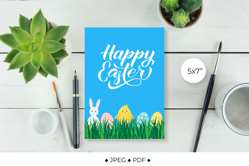 easter-card-eggs-bunny-and-cute-cartoon-chicken-on-grass