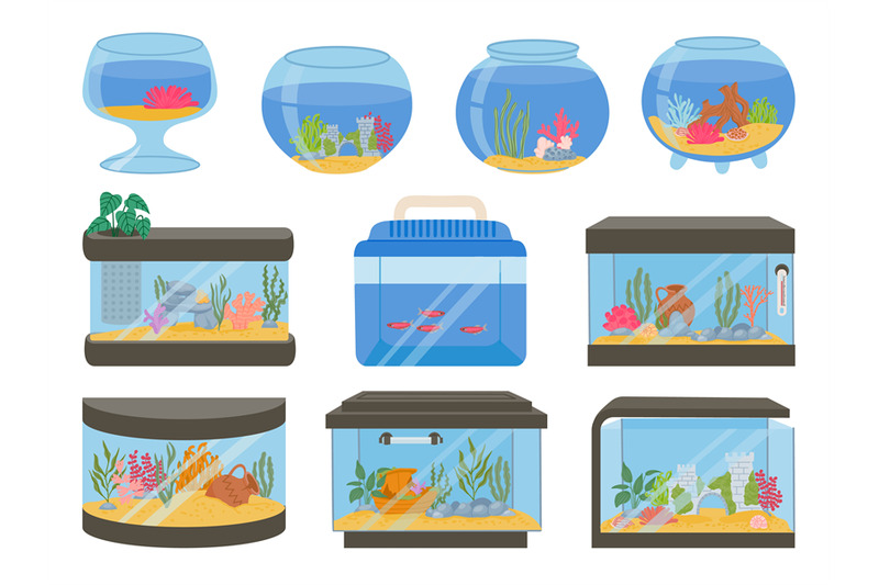 cartoon-empty-glass-aquarium-tanks-with-decorations-sand-and-plants