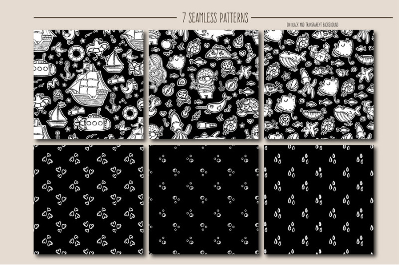pirate-bay-cartoon-monochrome-clipart-pattern-vector-set
