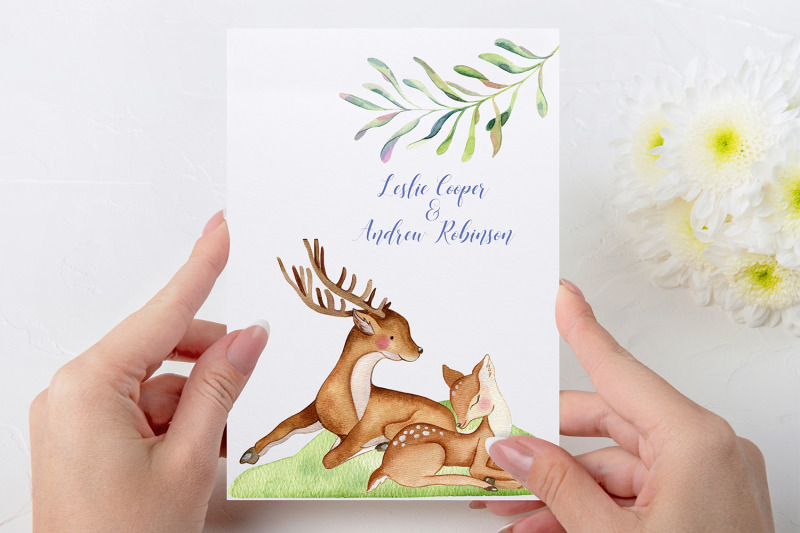 deer-watercolor-clipart-mom-and-baby-forest-animals