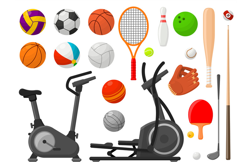 cartoon-sport-equipment-ball-collection-flat-balls-and-racket-golf