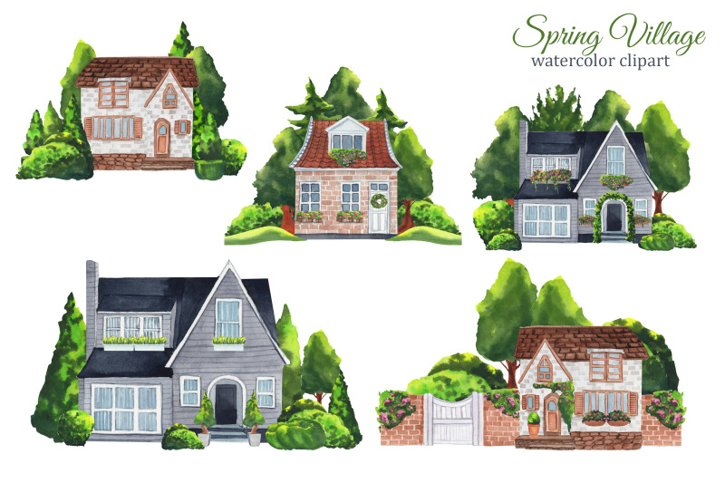 spring-village-houses-watercolor-clipart-sweet-home-png-scene-creator-house-logo