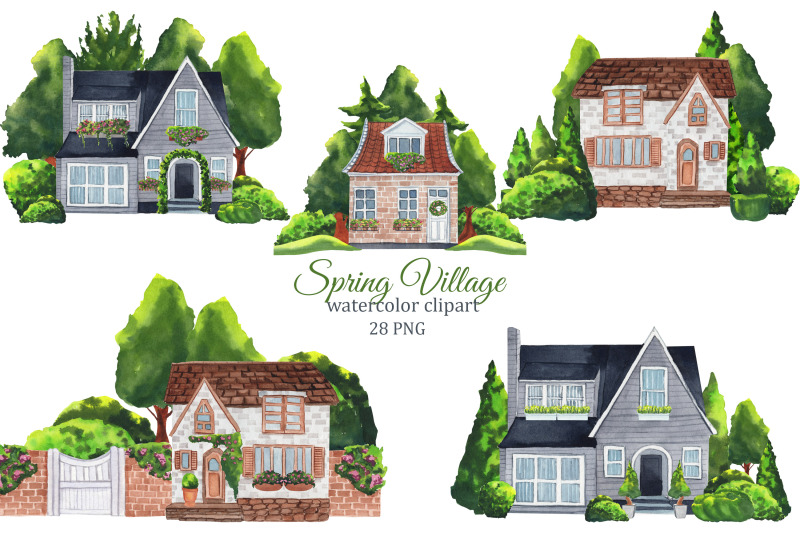 spring-village-houses-watercolor-clipart-sweet-home-png-scene-creator-house-logo