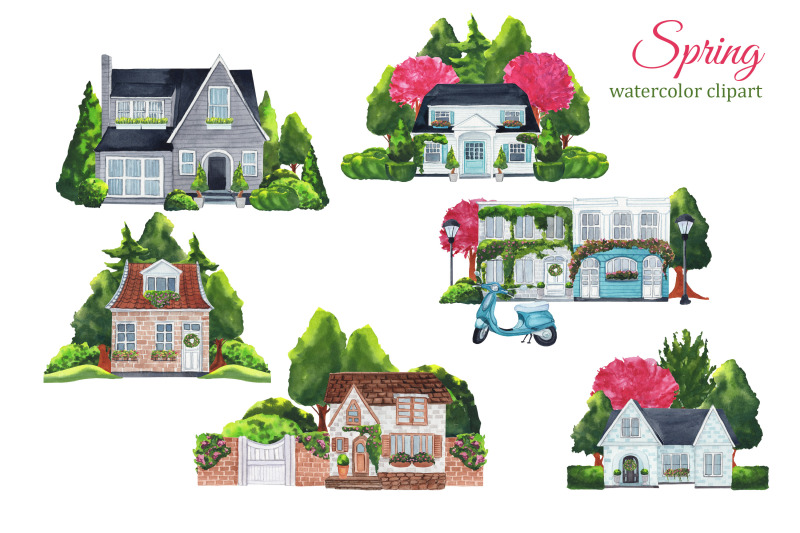 watercolor-houses-clipart-spring-town-summer-village-house-png-sce