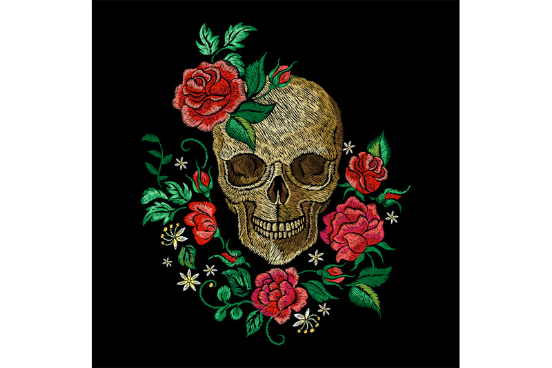 skull-and-roses-embroidery-rose-rock-style-print-template-shirt-or