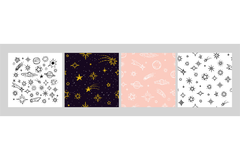 doodle-space-elements-star-and-planets-pattern-set-universe-seamless