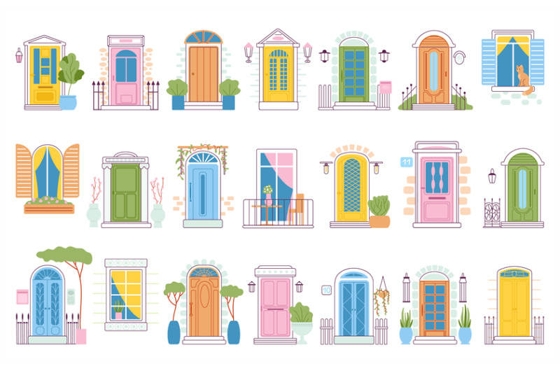 front-doors-and-windows-cartoon-flat-entrance-house-facades-elements