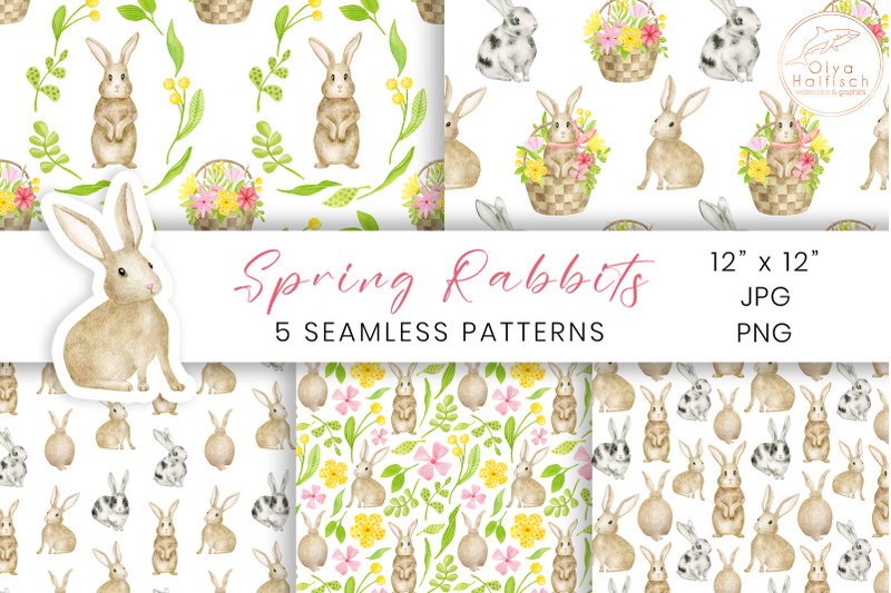 watercolor-rabbits-digital-paper-spring-easter-seamless-patterns