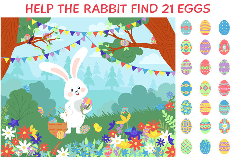 eggs-hunt-easter-puzzle-game-location-with-bunny-and-egg-in-garden-or