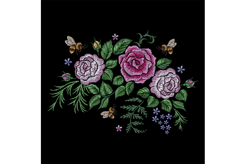 bee-and-flowers-embroidery-botanical-bedding-silk-stitch-rose-with-fl