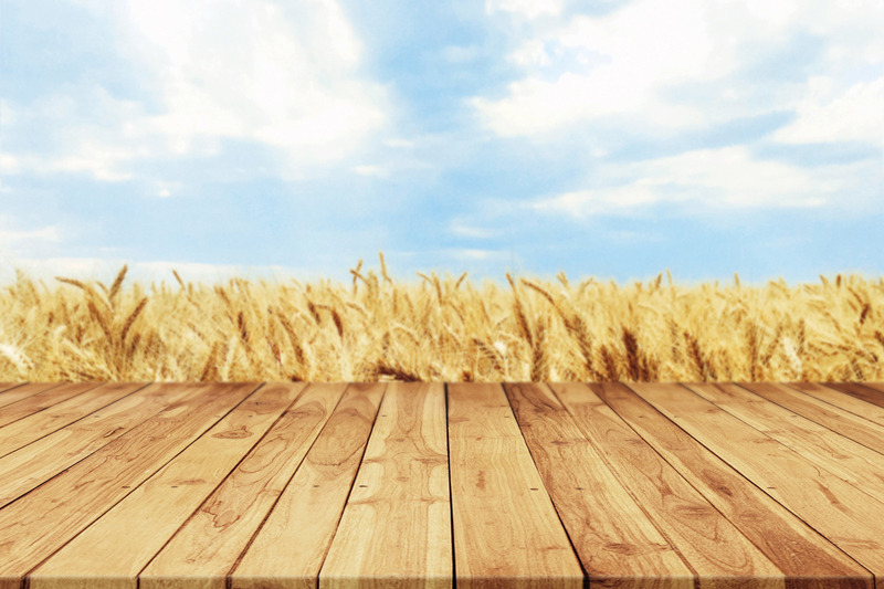 wooden-plank-empty-table-with-blurred-wheat-field-blue-sky-background
