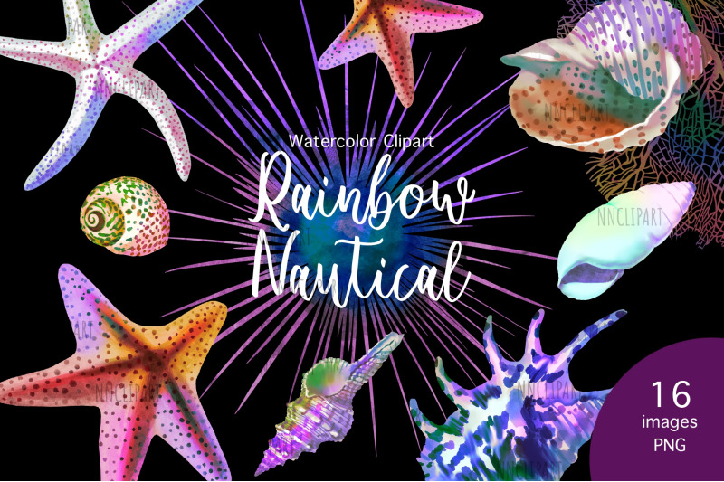 rainbow-nautical-seashells-watercolor-clipart-starfish-wedding