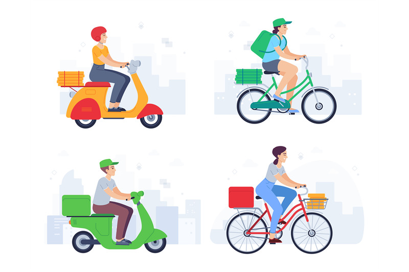 cartoon-characters-delivering-products-on-scooters-and-bicycles-couri