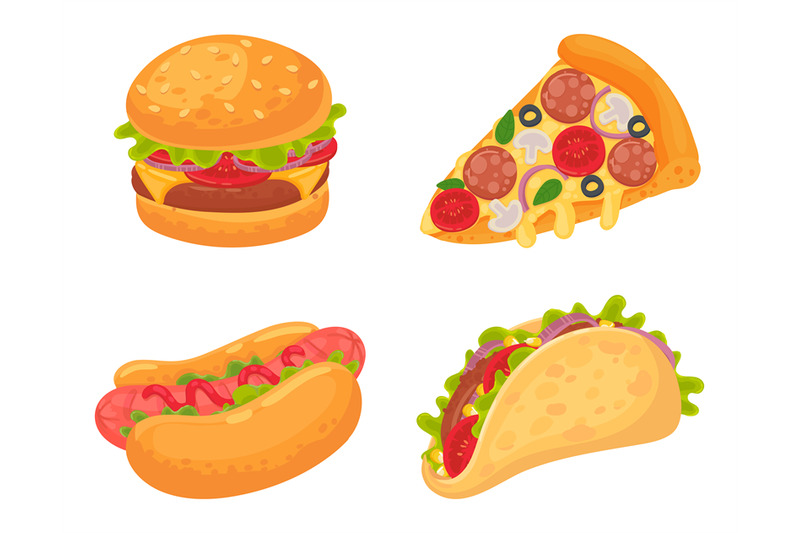 cartoon-fast-food-meal-pizza-with-salami-mushrooms-and-tomato-burge