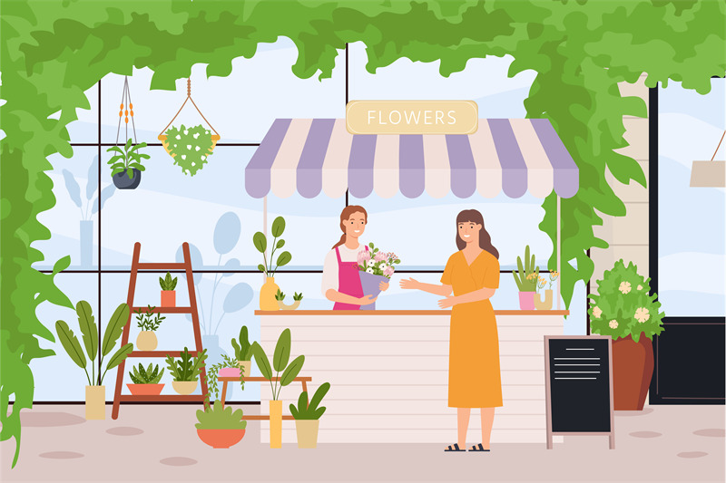 flower-store-florist-standing-at-counter-customer-visiting-shop-and