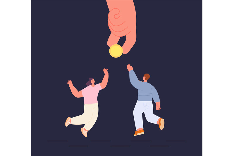 people-jumping-for-money-hand-holding-golden-coin-man-and-woman-need