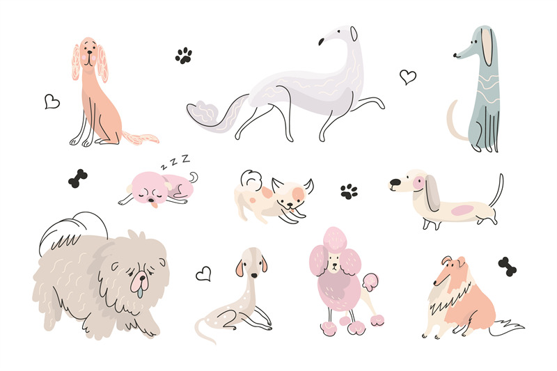 doodle-cute-puppy-active-dog-painting-dogs-different-poses-hand-dra