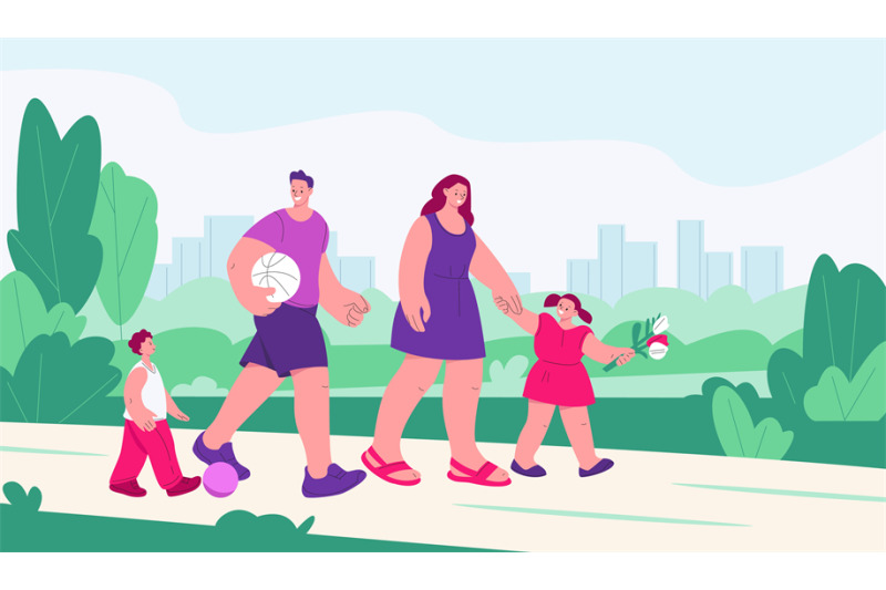 family-walking-in-city-park-people-on-weekend-cartoon-man-woman-and