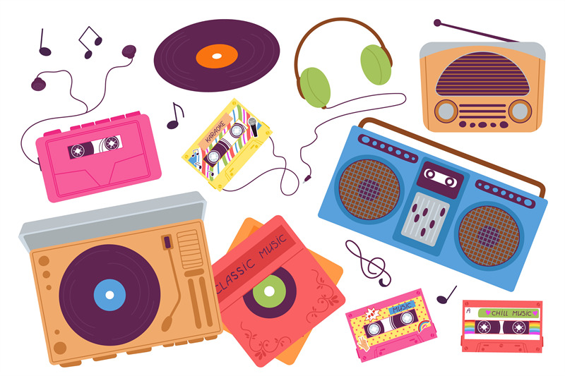 music-retro-elements-vintage-90-style-party-item-retro-cassette-and