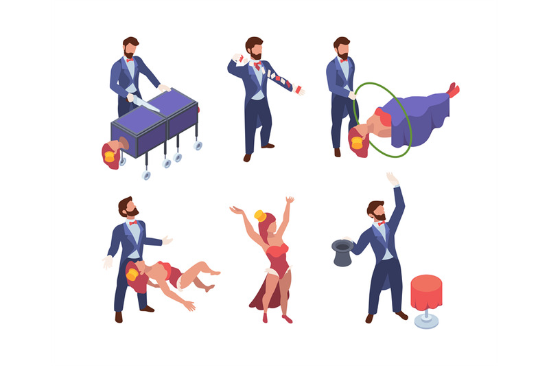 magician-isometric-circus-show-scenes-with-fairytale-characters-attra