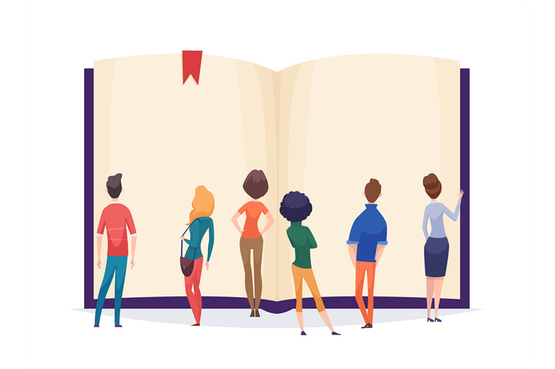 people-are-reading-a-giant-book-crowd-stand-in-front-blank-books-shee