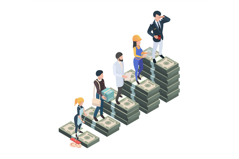 salary-difference-wage-professionals-isometric-cash-money-stacks-ga