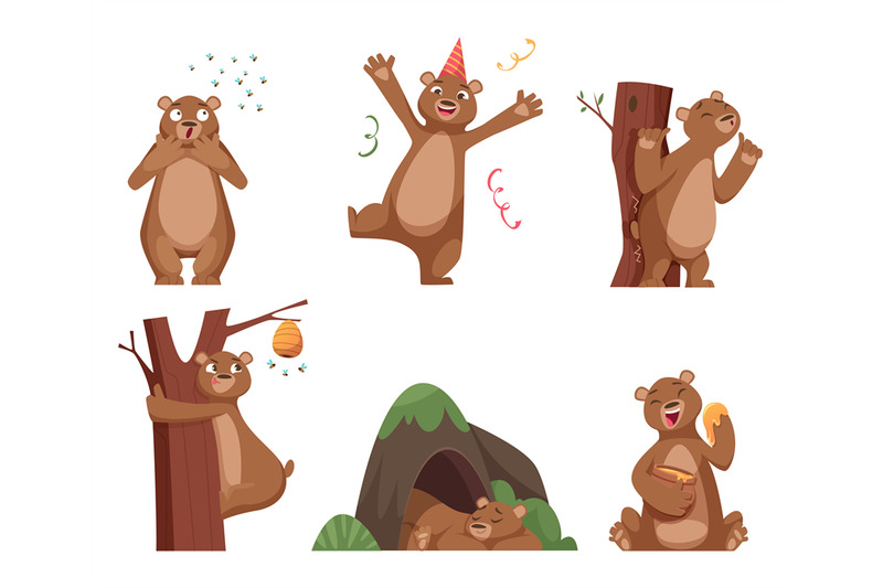 bear-cartoon-wild-funny-animal-in-action-poses-brown-comic-bear-with