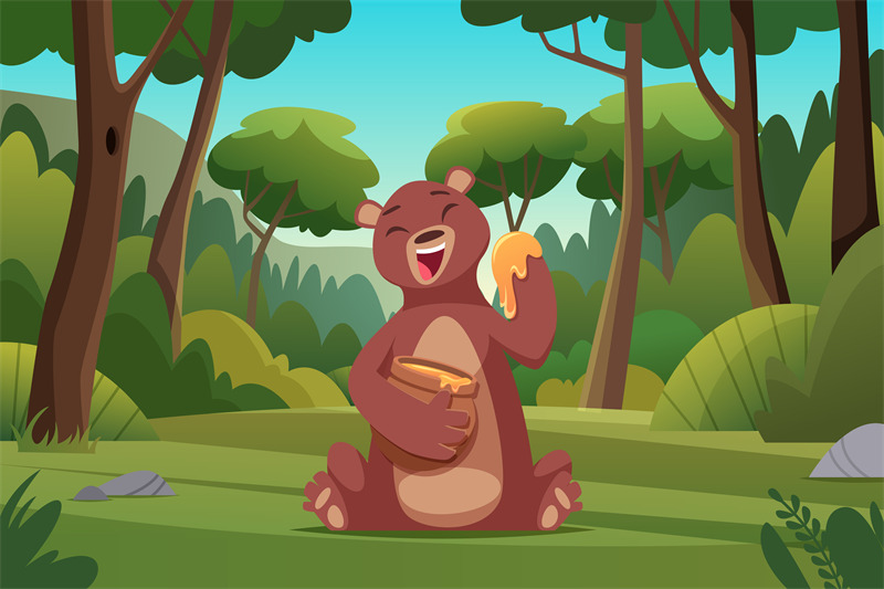 forest-background-bear-walking-in-forest-wild-brown-animal-in-cartoon