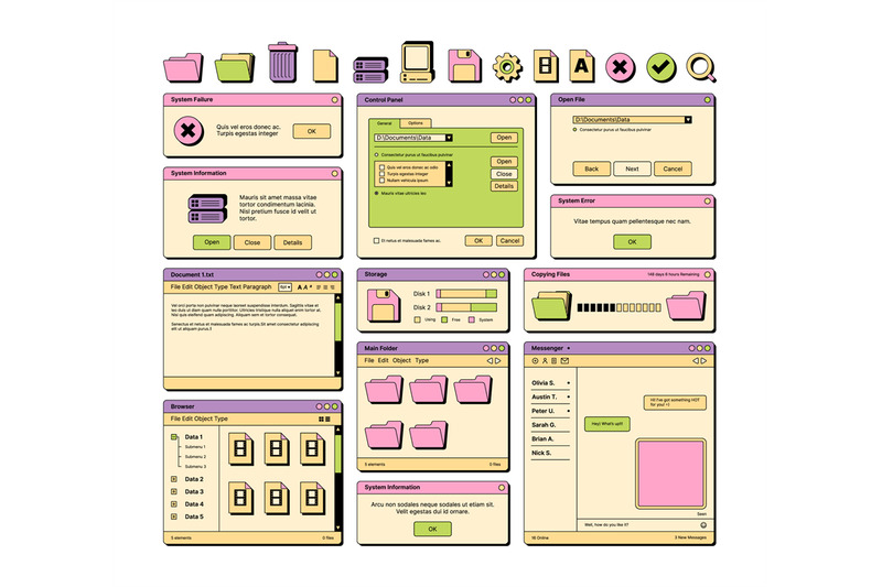 web-ui-90s-layout-screen-elements-frame-pages-banners-icons-dividers