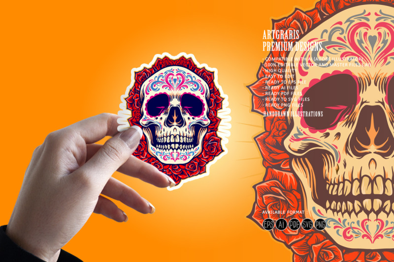 mexican-skull-logo-mascot-with-roses-illustrations