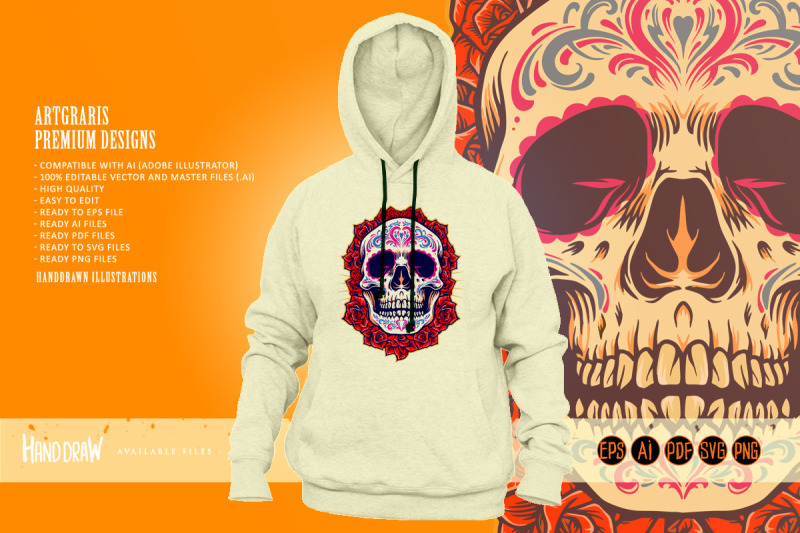 mexican-skull-logo-mascot-with-roses-illustrations