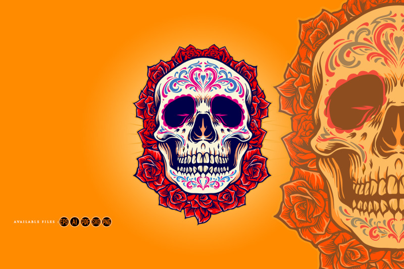 mexican-skull-logo-mascot-with-roses-illustrations